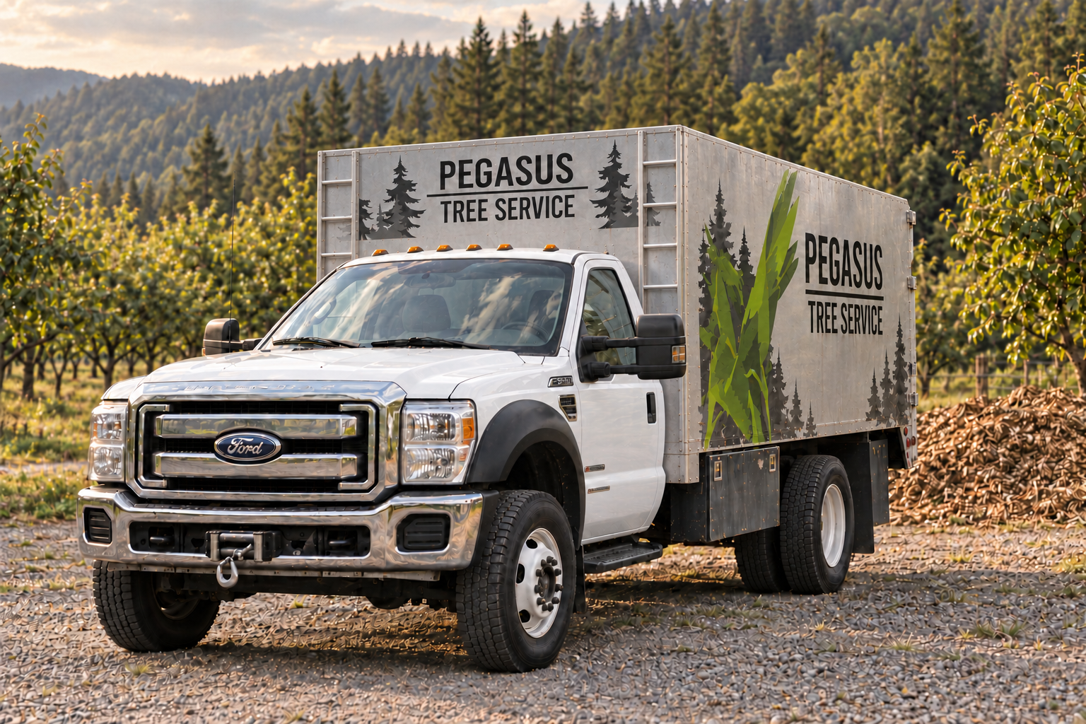 Illustration of the white Pegasus arborist truck beside a wood-chip drop